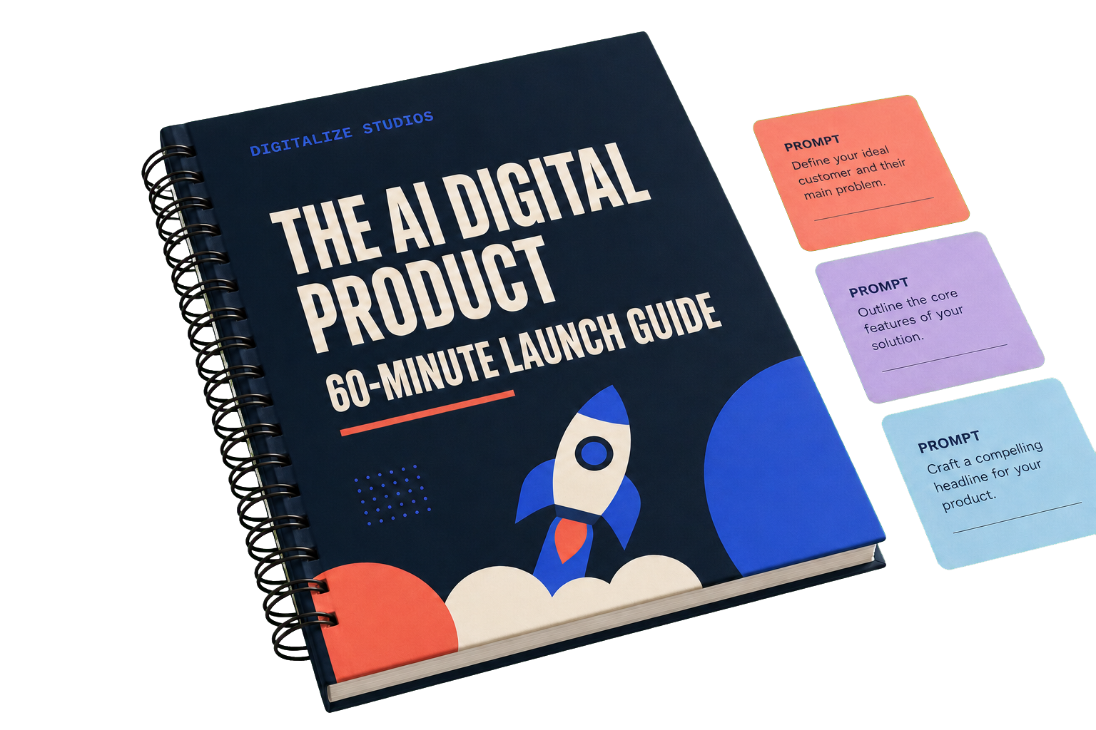 The AI Digital Product 60-Minute Launch Guide with three prompt cards